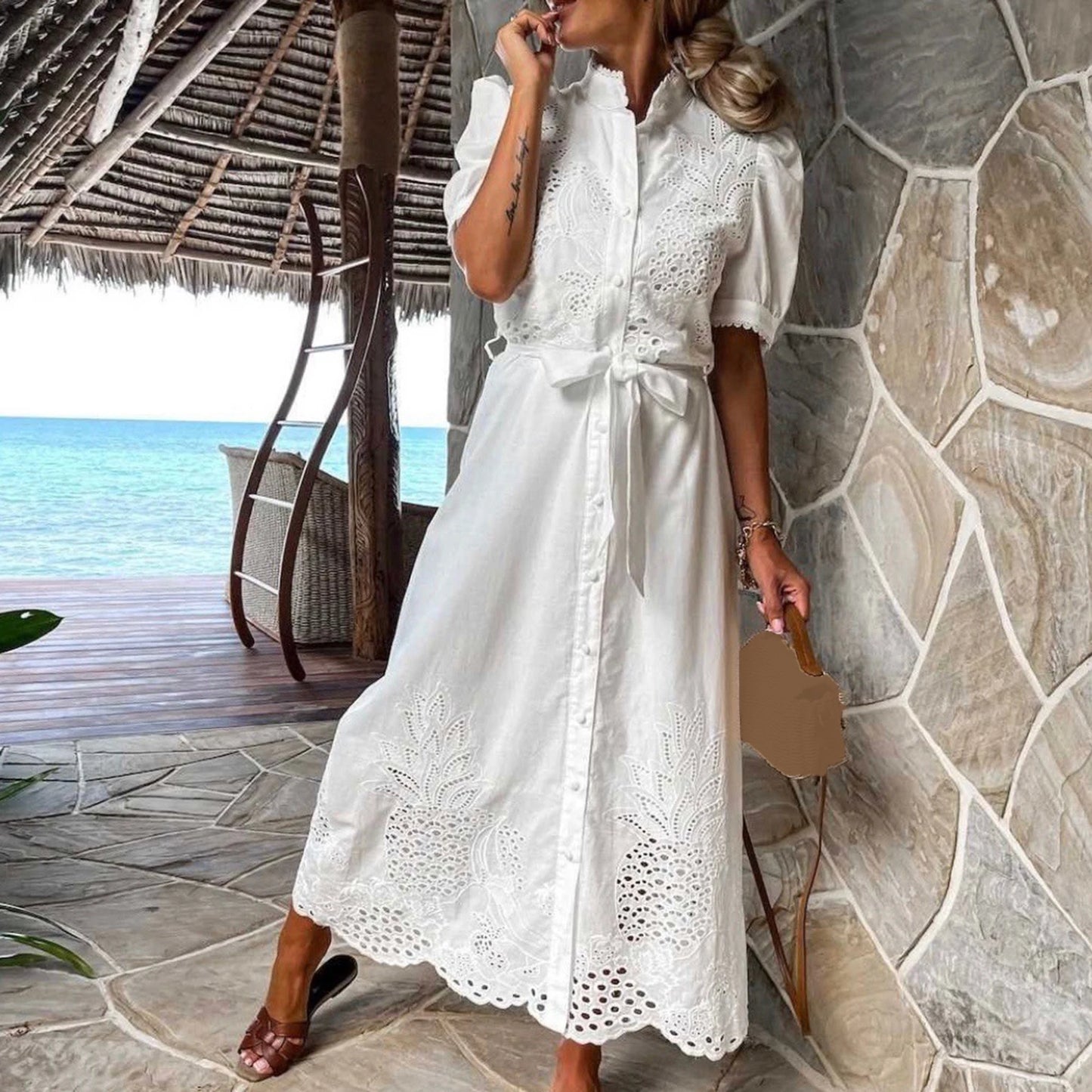 Elegant Embroidered Women Maxi Dress Chic Lapel Long Sleeve High Waist Lace Up Dresses