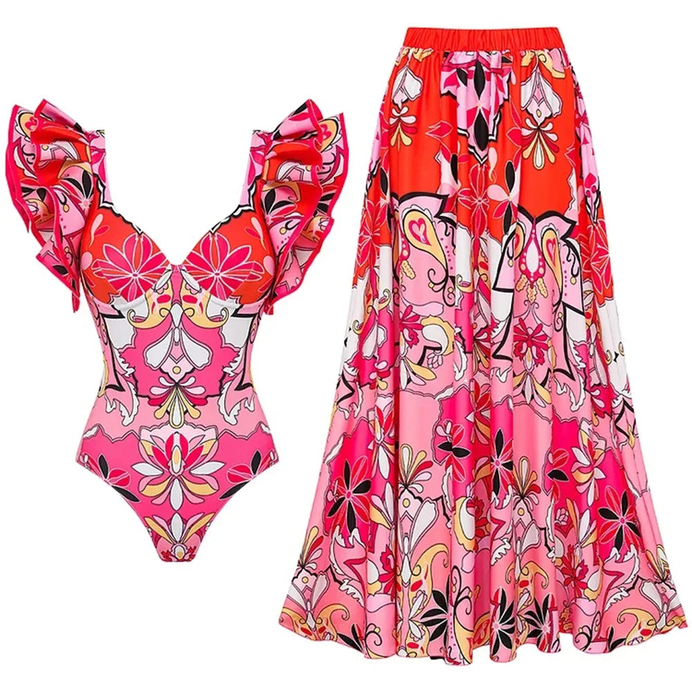 2-Piece Shoulder Ruffle Swimsuit With Cover Up Sexy Beachwear