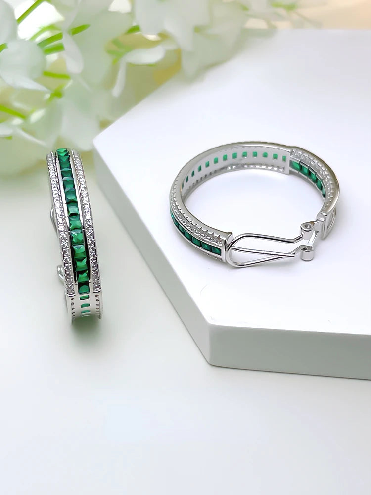 Luxurious Lab Emerald 925 sterling silver earrings inlaid with high carbon diamonds