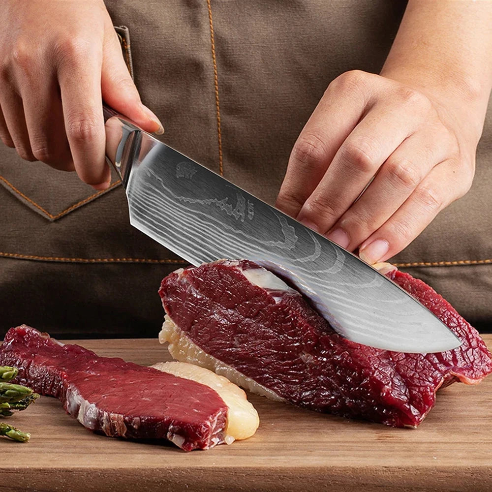 Damascus Laser Steel Kitchen Chef Knives with Shear Cutter and Wooden Handle