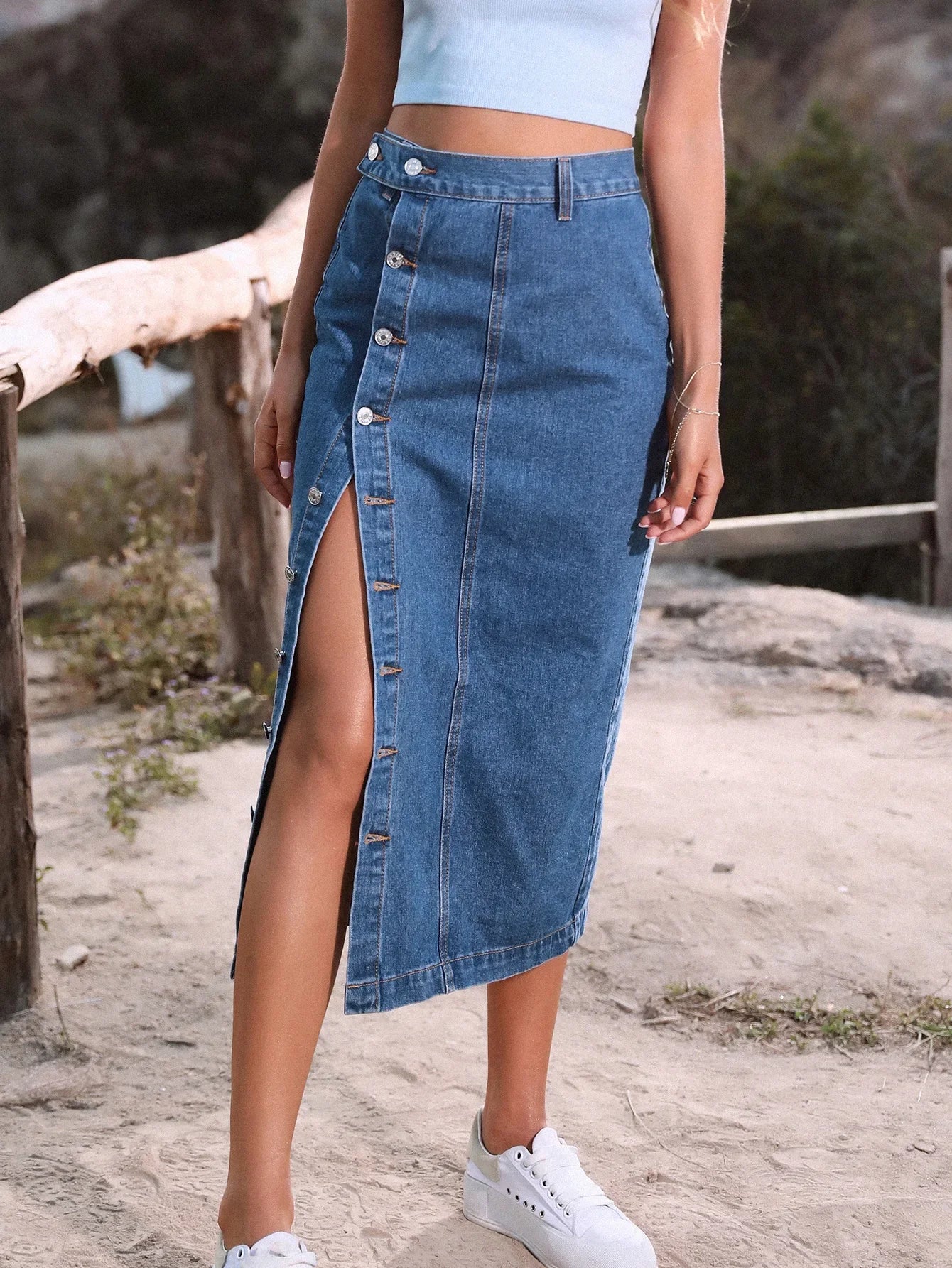 Women Denim Jean Maxi Skirt Side Split