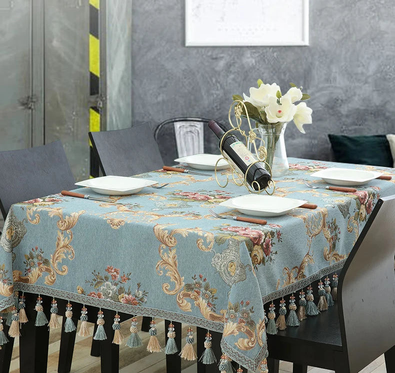 Luxury Jacquard Tablecloth with Tassel Pendant Chenille Fabric Rectangular Table Cover European Living Room Coffee Table Cloth