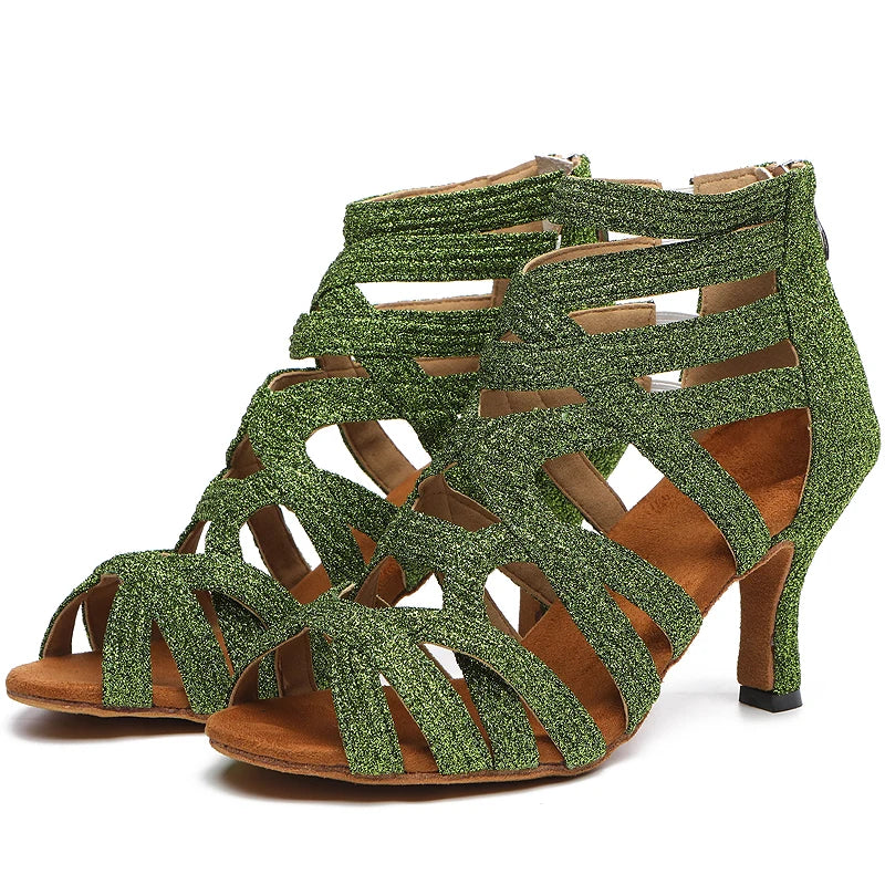 Dance Shoes Latin Gold Sandals For Women Cross straps Comfortable Low heel Square Samba Shoes