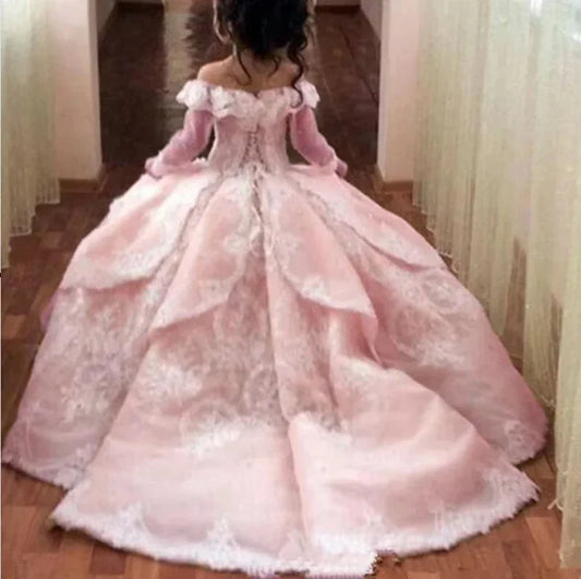 Elegant Toddler Full Sleeves Princes Gown Lace Flower Girl Dresses Sheer Flower Girl First Communion Princess Pageant