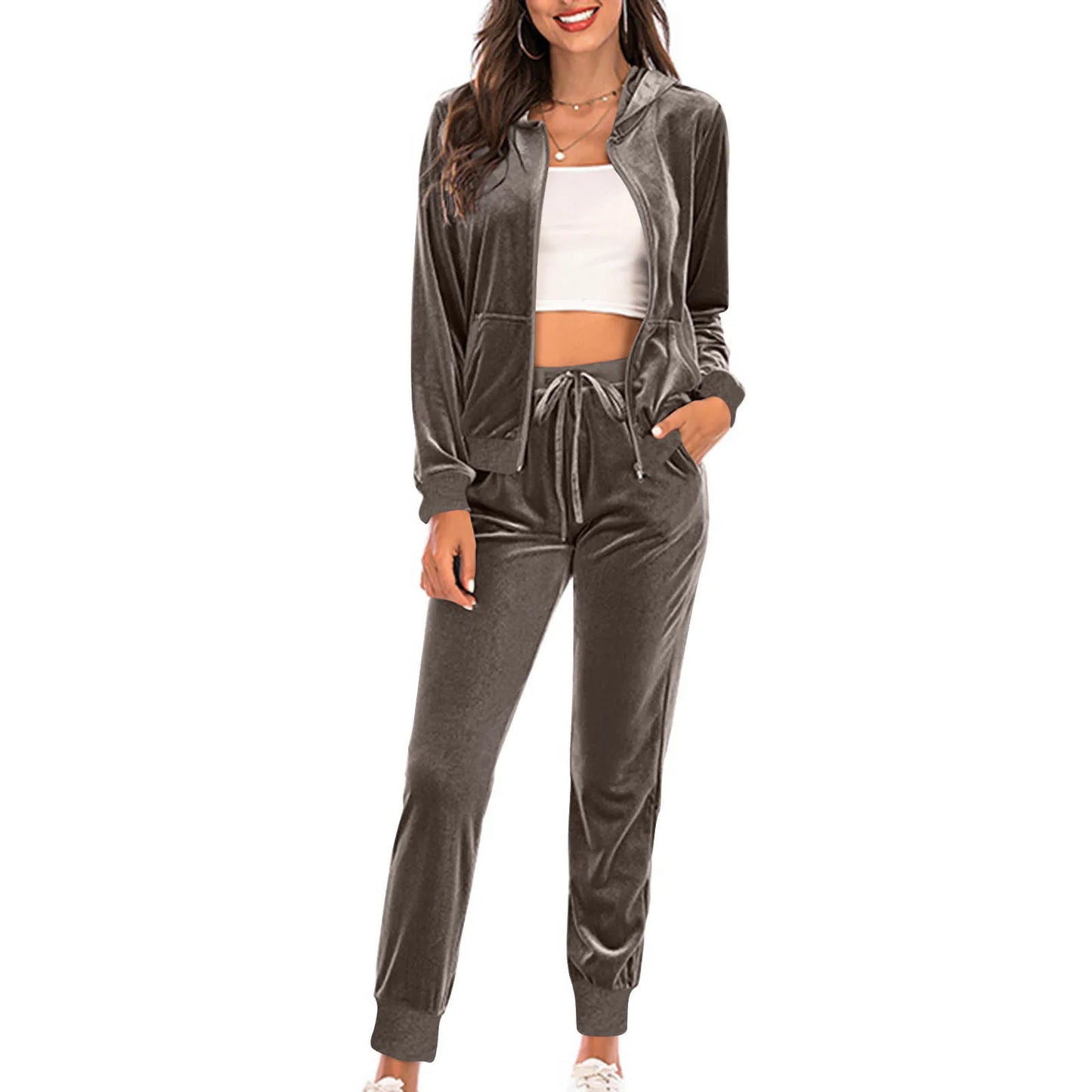 Women Spring Velvet Tracksuit 2 Piece Sweatshirt Sweatpants Set Full Zip Hoodie
