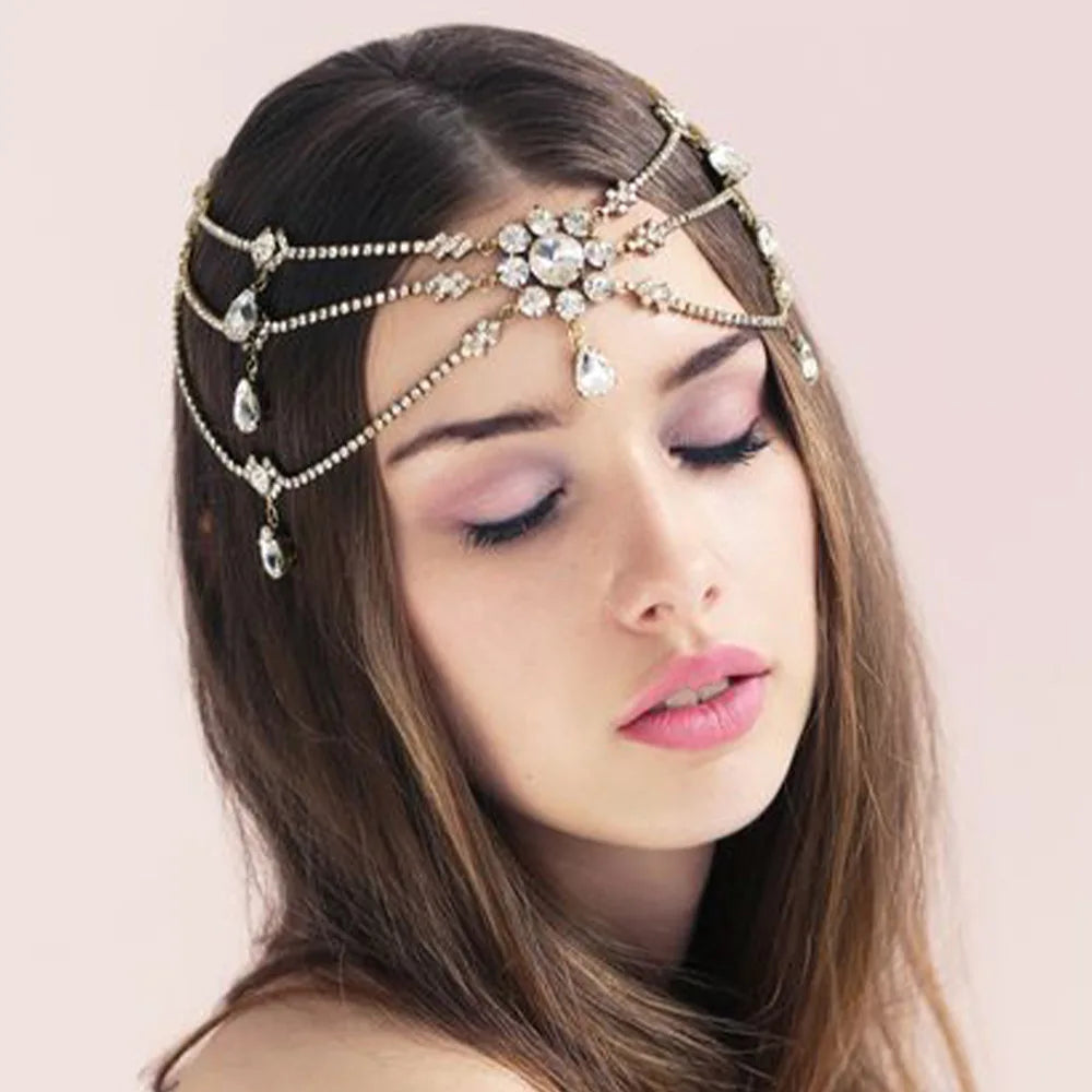 Vintage Rhinestone Head Chain Forehead Headband Indian African Bohemian Hair Accessories Crystal Fringe Tiara Headdress