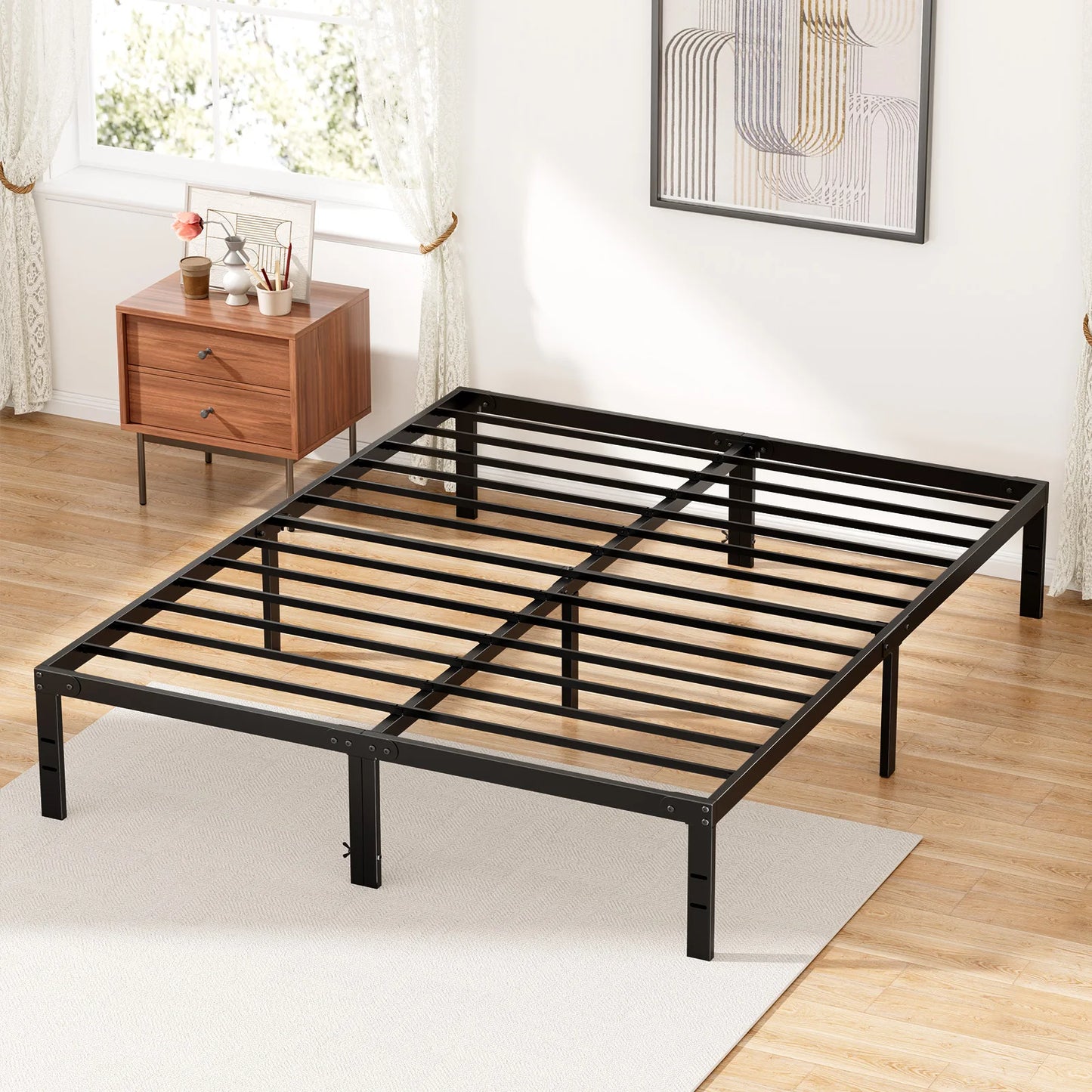 Basic Twin Full Queen King Size Bed Frame Metal Platform with Storage Space Sturdy Steel Slat Support 350LBS