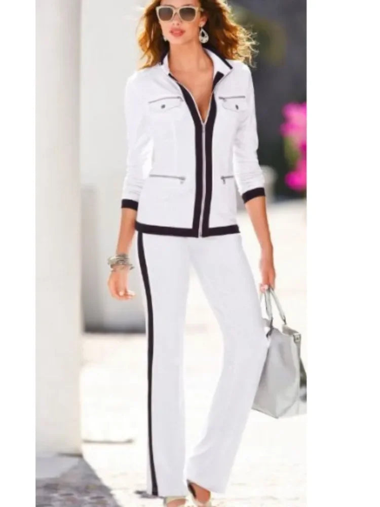 Women Two Piece Sets Zipper Jacket Straight Pants Set