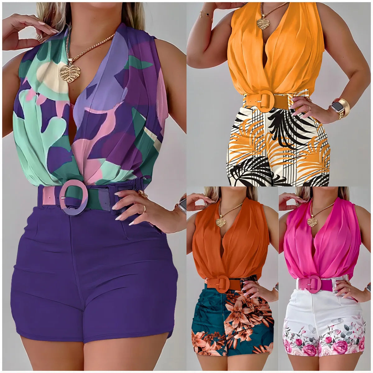 Trendy Print Short Two Piece Set Women Halter Neck Sleeveless Tops Belt High Waist Slim Shorts