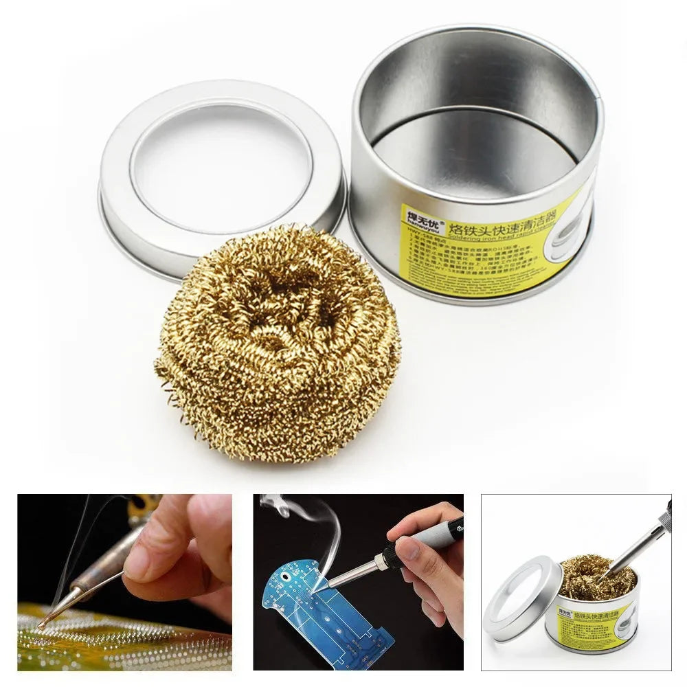 Iron Tip Cleaner Welding Soldering w/ Tin Insulation Pad Cleaner Brass Wire Sponge Ball