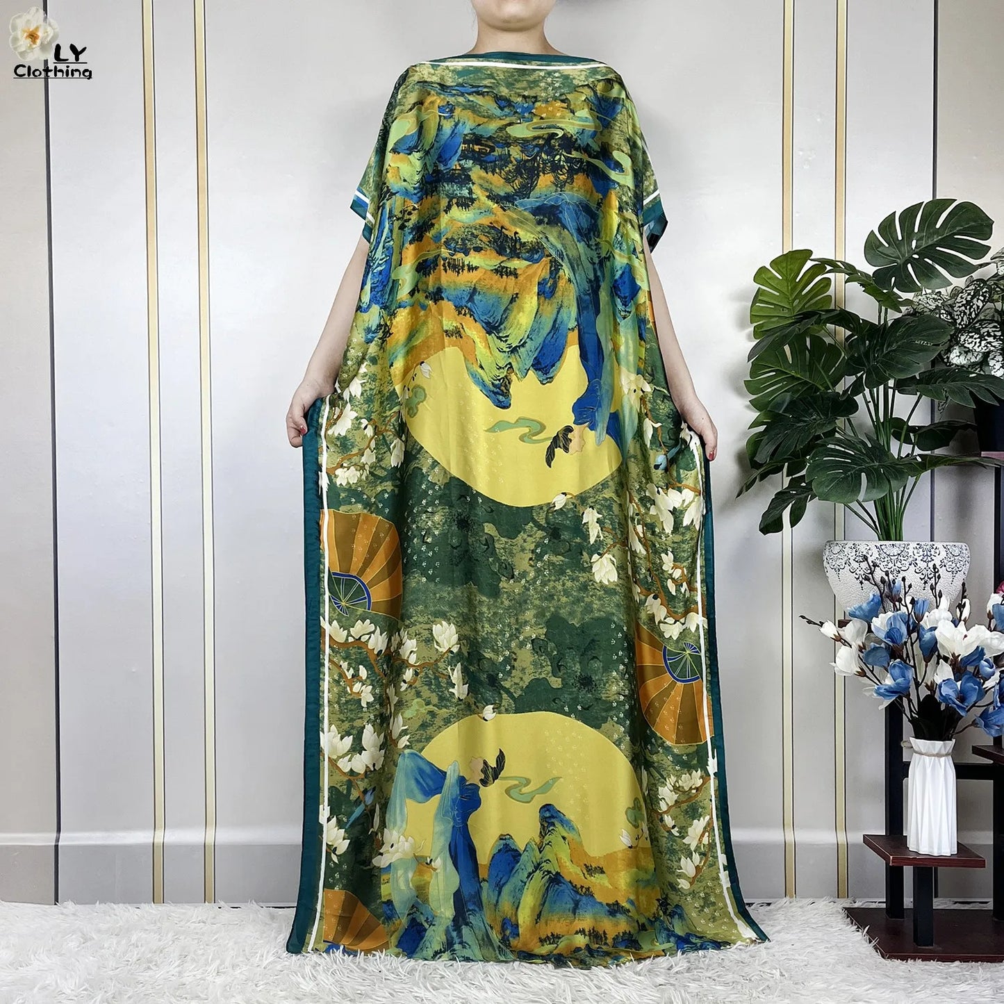 Women Printed Silk Soft Loose Maxi Party Dresses With Belt Turban
