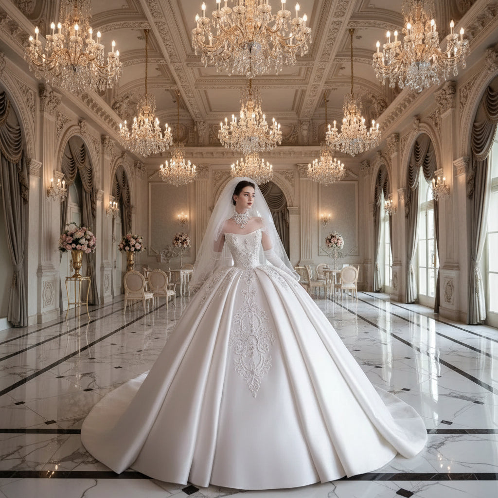 Strapless Luxurious Satin Wedding Bridal Dress Beaded Embroidery Trailing Customized