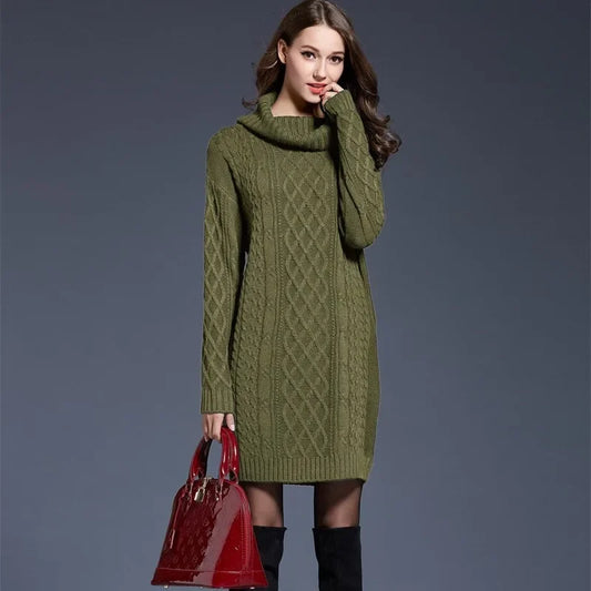 Warm Knitted Comfortable Casual Collar Pullover Sweater Long Sleeved Dress