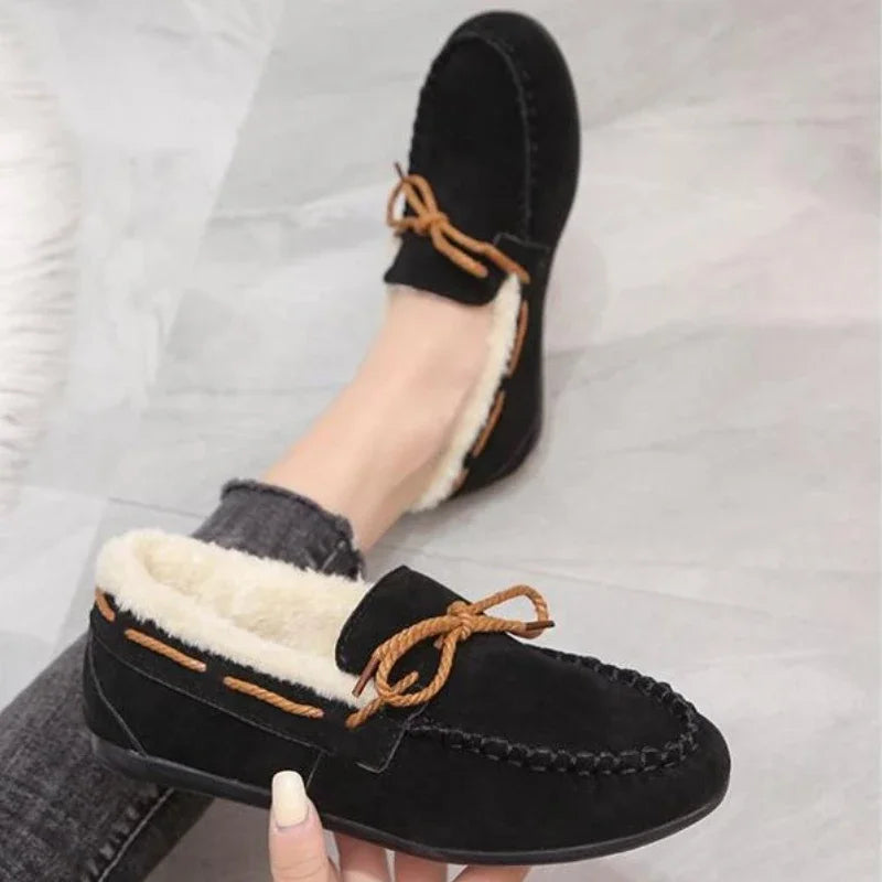 Women's Moccasins Soft Loafers Comfort Warm Plush Bow Slip on Cotton Shoes
