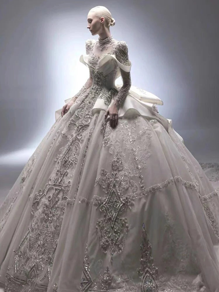 Luxury Bridal Wedding Dress Long Sleeve Princess Sparkling Beaded Customized