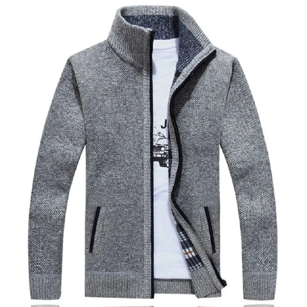 Winter Men's Knitted Sweater Coat Long Sleeve Thick Cardigan Fleece Zipper Causal Solid Color