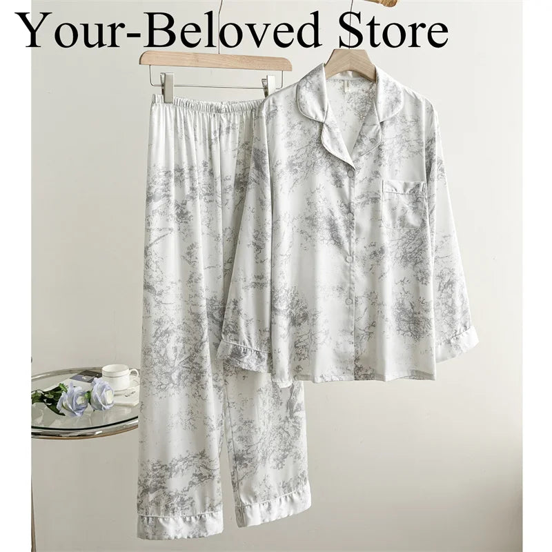 Red Sexy Pajamas Set Lapel Shirt & Pants for Lady Summer Spring 2Pcs Nightwear