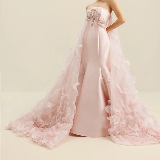 Customized Exquisite Pink Satin Lace Sequined Evening Mermaid Dress Back Strapless Sleeveless Train Prom Gown