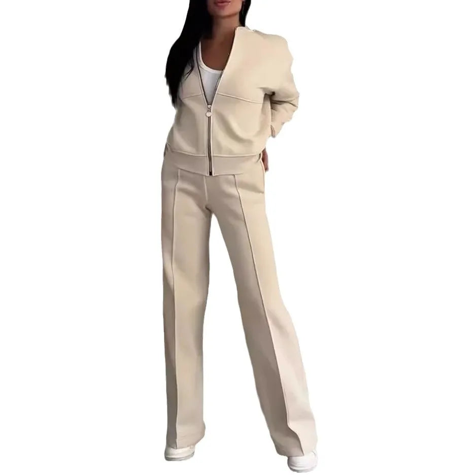 Women Casual Solid Pant Sets Two Piece Sweatshirts Full Sleeve Zipper Coats Long Pants Pockets Autumn Winter