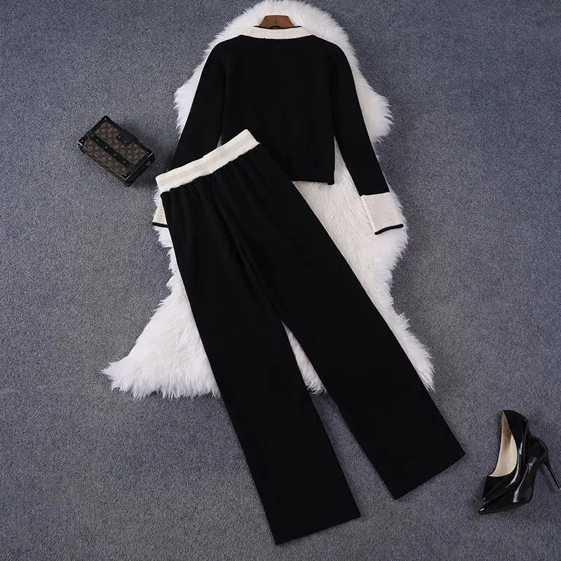 Fashion Knitted Two-Piece Sets Simple V-Neck Single Breasted Cardigan+Loose Wide Leg Pant