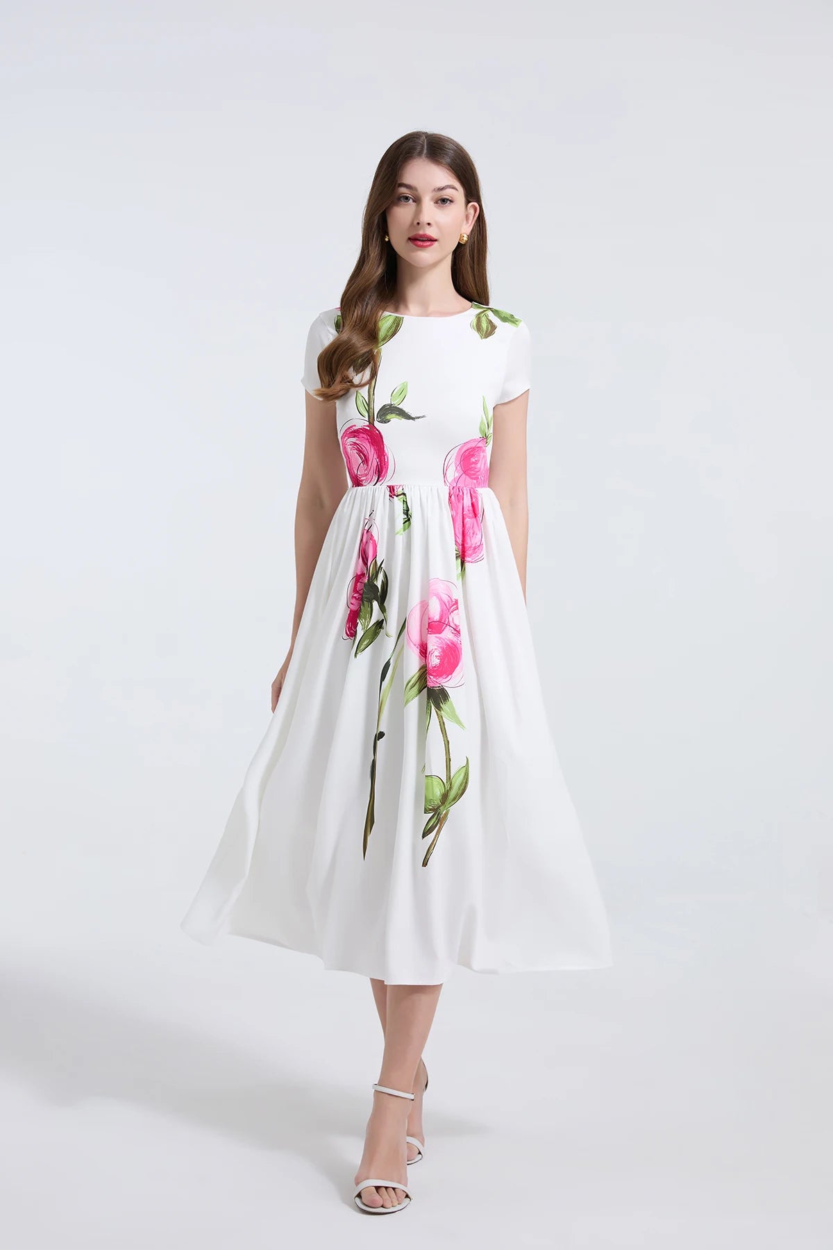 Summer French Women's Retro Pink Flower Waist Cinching Slimming Big Swing Dress Elegant Anti-aging Short Sleeved Skirt
