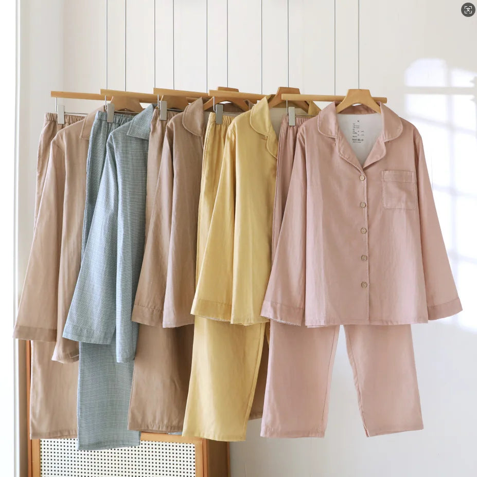 Comfortable Cotton Couples Pajamas Set for Autumn Color Woven Loose Long Sleeved Pants