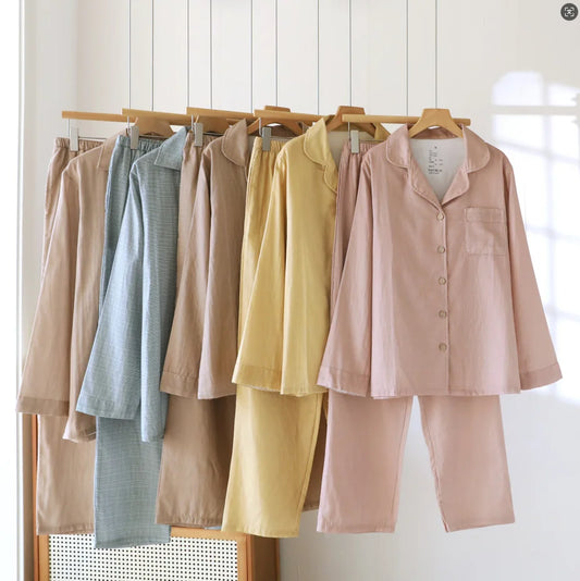 Comfortable Cotton Couples Pajamas Set for Autumn Color Woven Loose Long Sleeved Pants