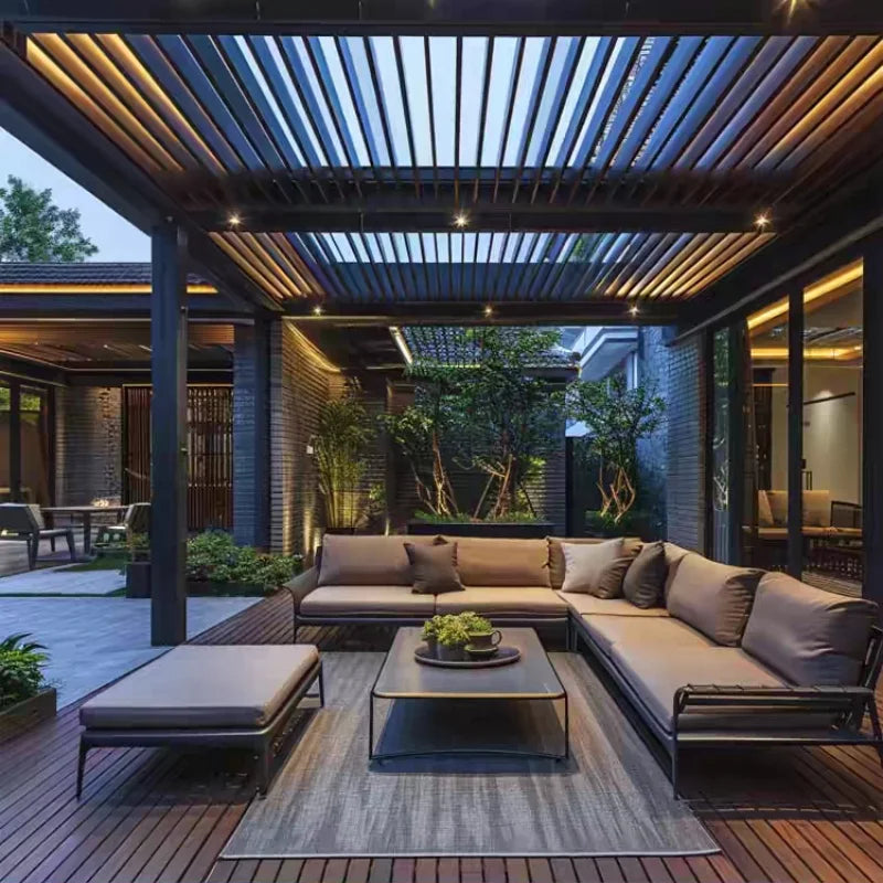 Aluminum pergola, rainproof, electrically adjustable gazebo, electric louvered awning, outdoor patio sunshade.