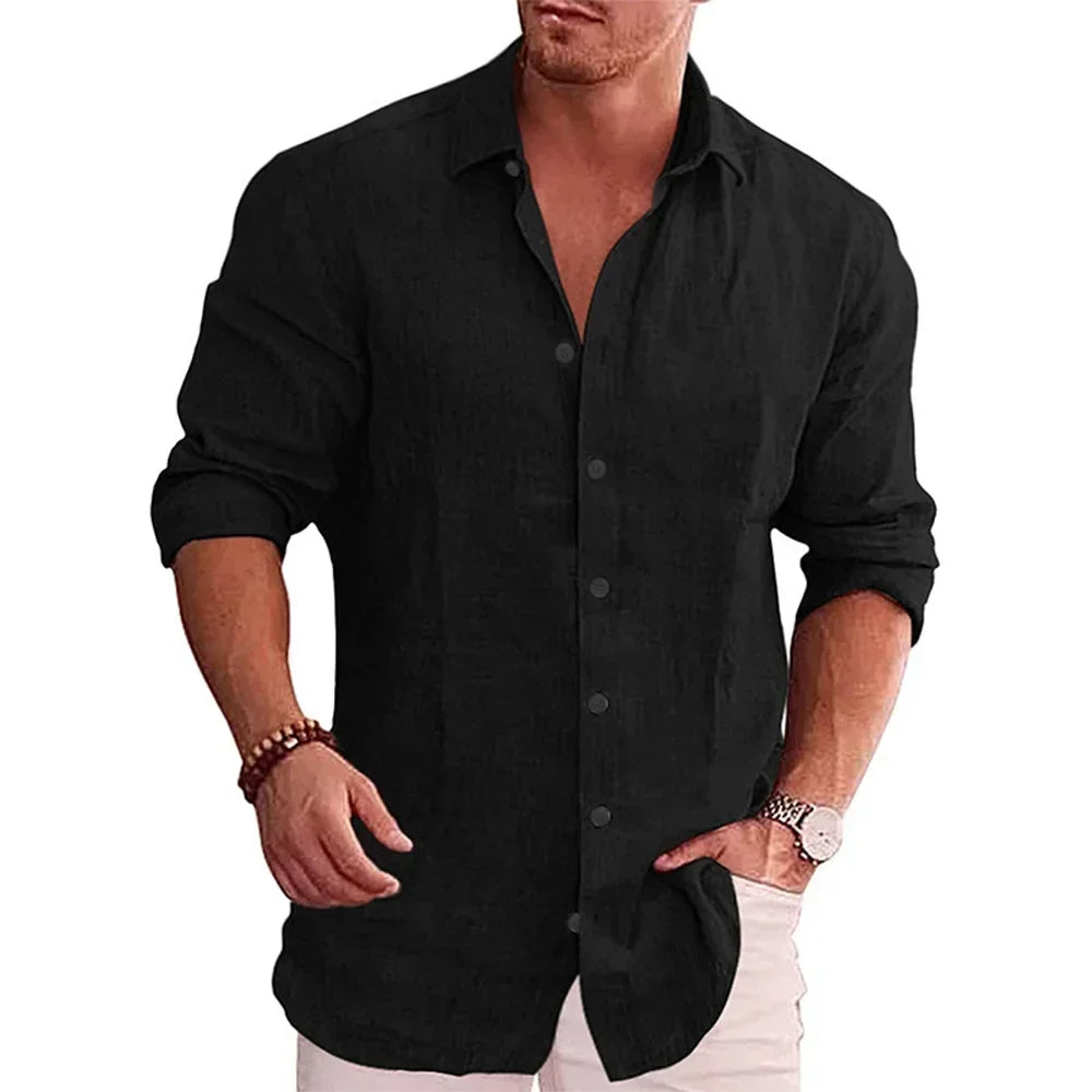 Autumn Men's Long Sleeve Shirt Cotton Linen Breathable Solid Color Casual Style Plus Size