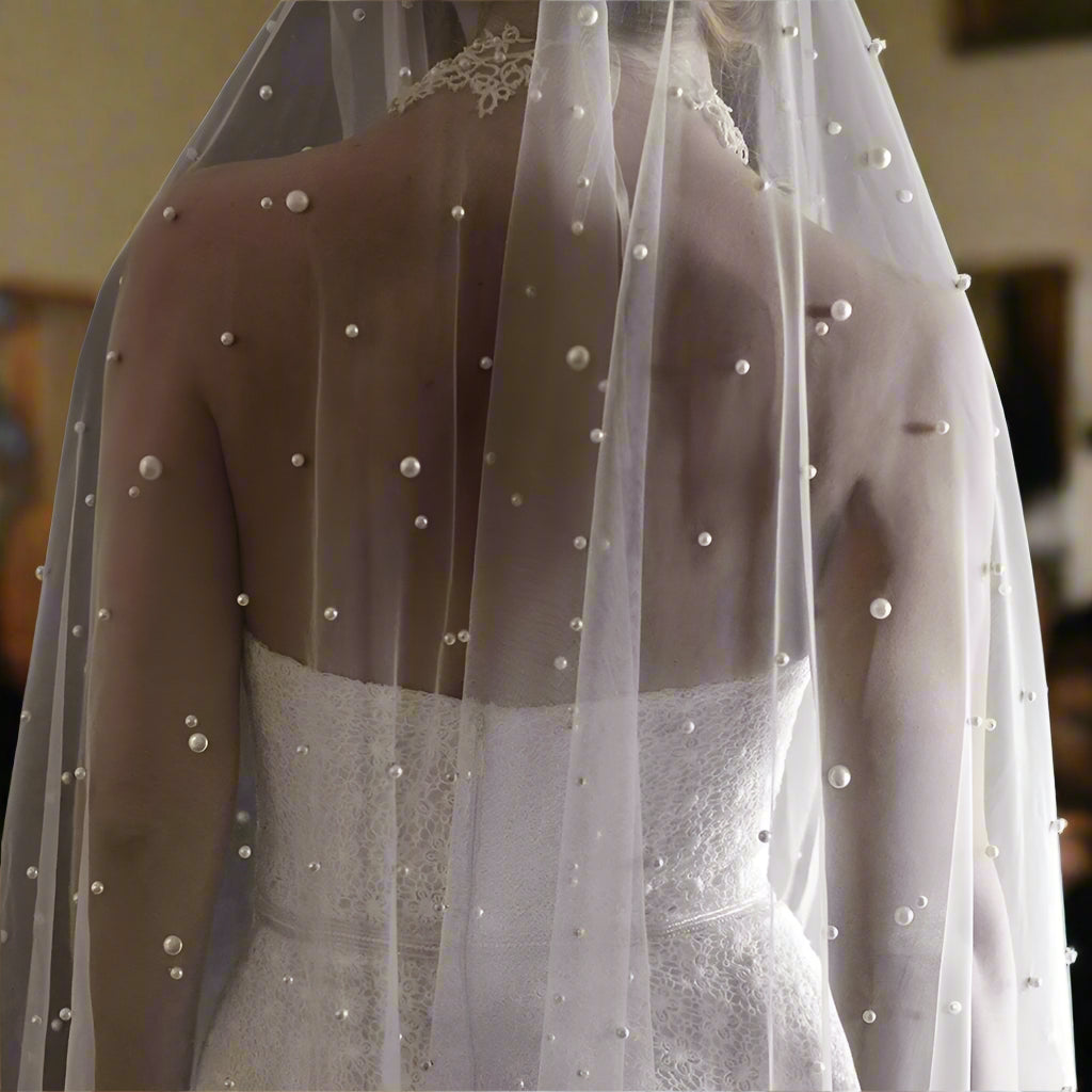 Pearls Bridal Veil 2 Tiers Blusher Wedding Veil Face-Covered With Comb White/Ivory Cathedral 300cm