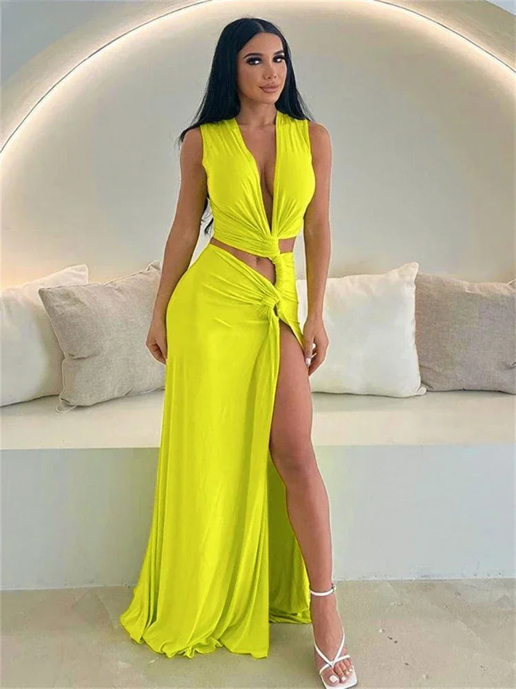Summer Beach Sexy Maxi Dress Sexy Hollow Out Twist Knot High Split Sleeveless Deep V