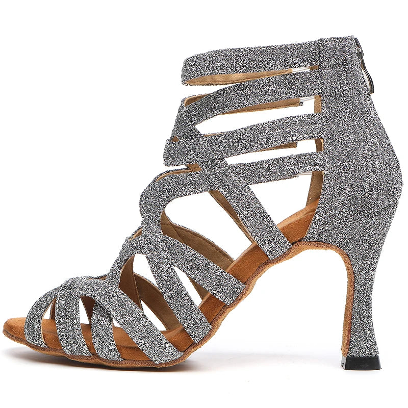 Dance Shoes Latin Gold Sandals For Women Cross straps Comfortable Low heel Square Samba Shoes