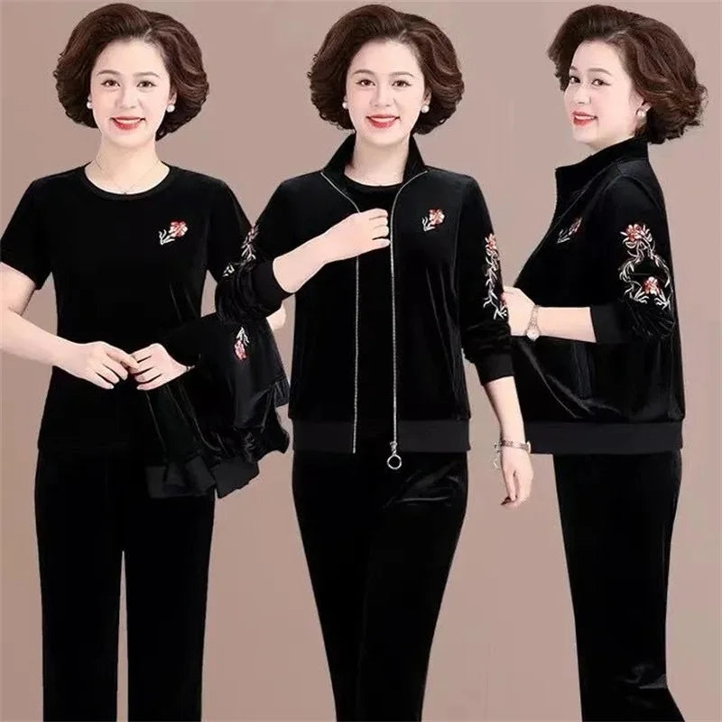 Women Spring Autumn Golden Velvet Set Casual Suit Embroidery Coat Straight Trousers 3-piece Sets