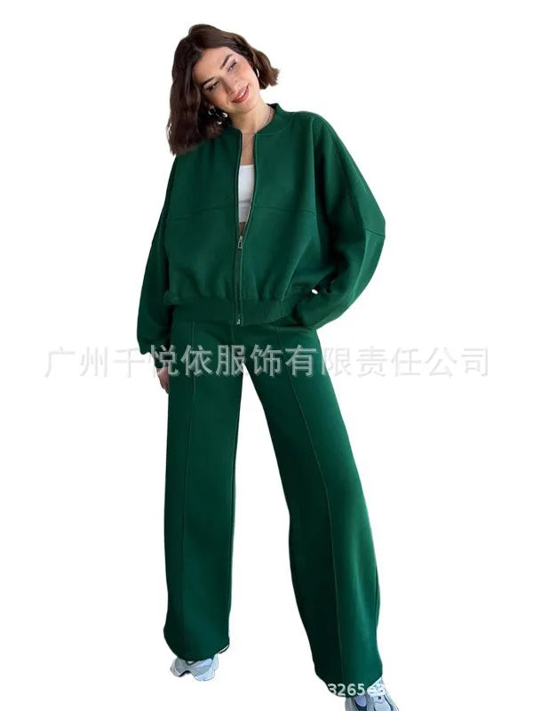 Women Casual Solid Pant Sets Two Piece Sweatshirts Full Sleeve Zipper Coats Long Pants Pockets Autumn Winter