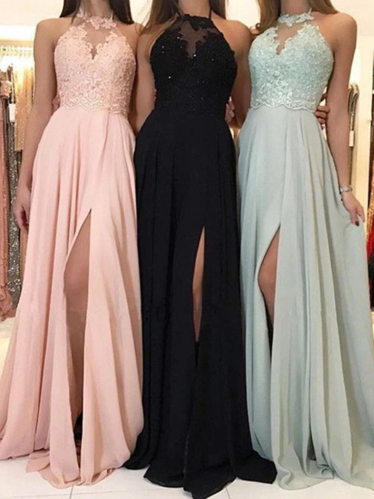 Sexy Halter Lace Floral Sleeveless High Waist Evening Long Dresses Gown