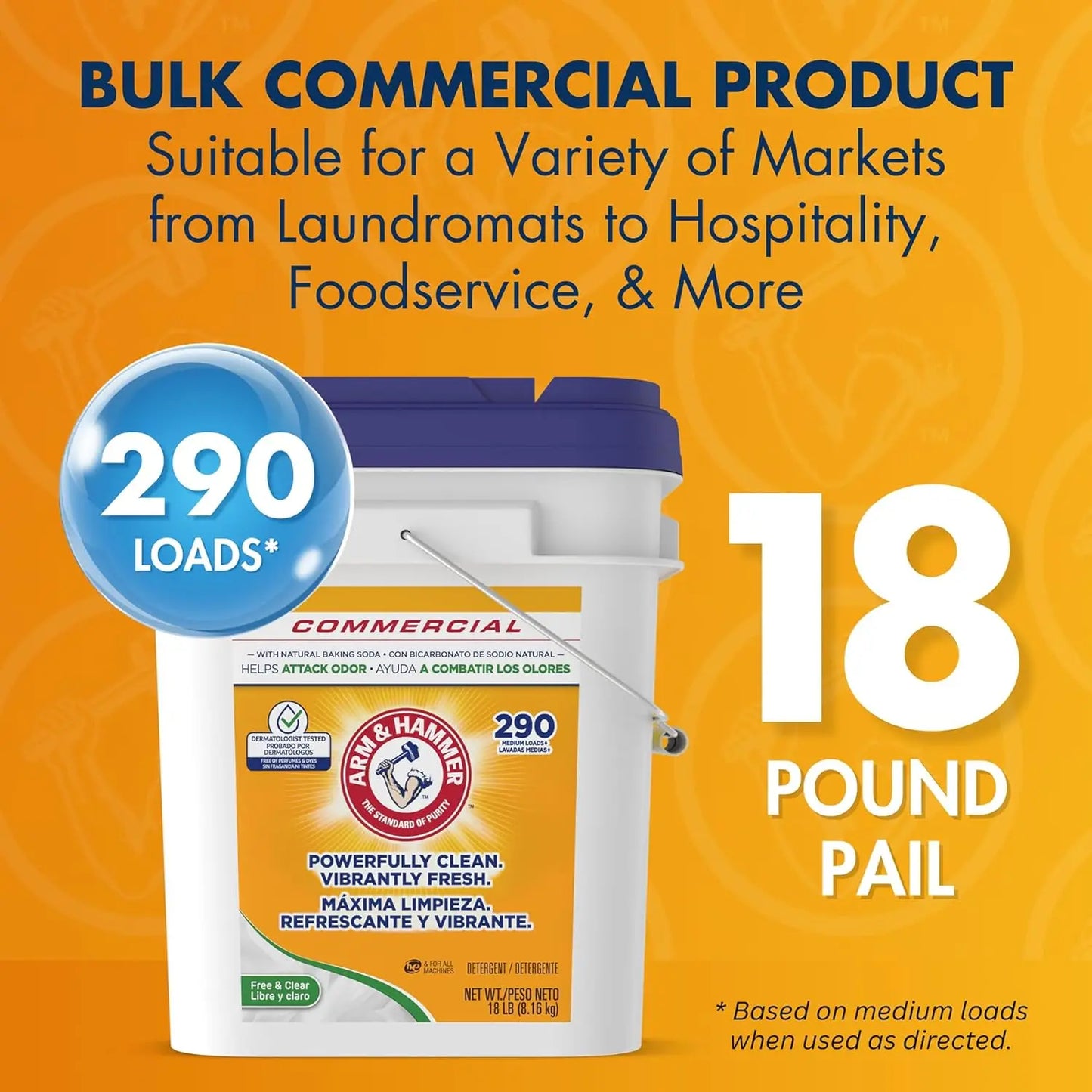 Professional Powder Laundry Detergent, 290 Loads Bulk 18lb Pail, Free & Clear for All Machines