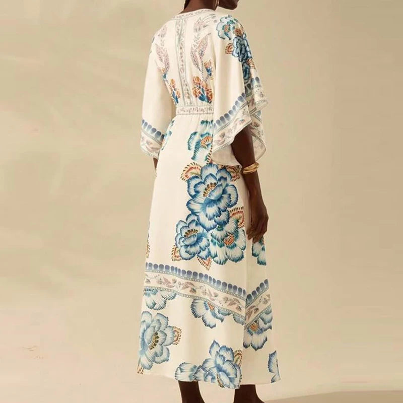 Summer Tropical Plant V-Neck Bohe Elegant Half Sleeve Loose Party Dress A-line