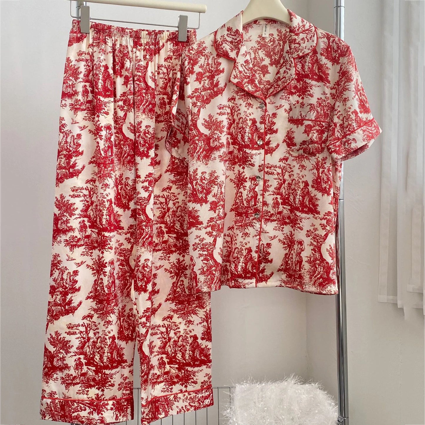 Silk Satin Print Long Sleeve Pajamas Suit Women Sleepwear Set