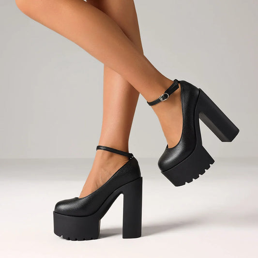 Women Elegant Chunky High Heel Pumps Round Toe Ankle Strap Comfy Platform Shoes