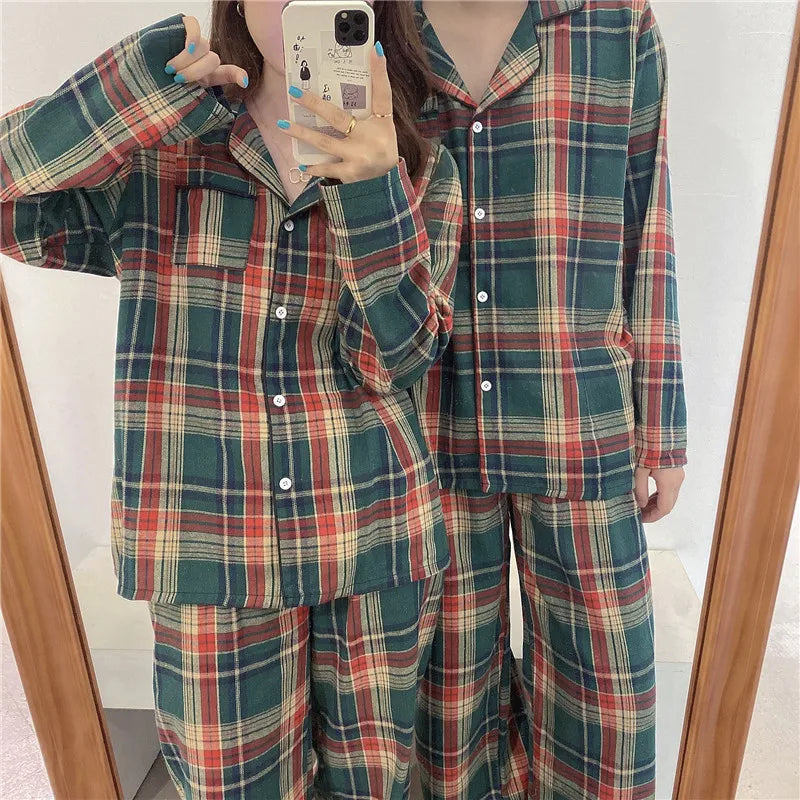 Green Christmas Pajamas Couple Pajama Set Simple Plaid Sleepwear Cotton  Autumn Winter Women