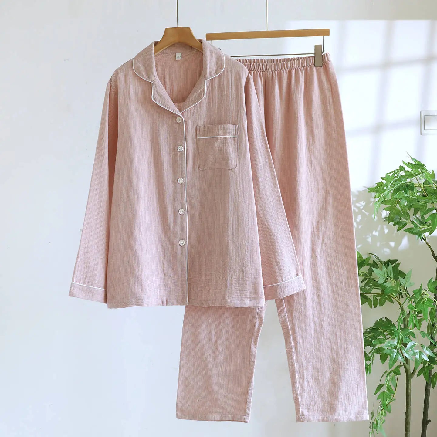 Men/Women Spring and Autumn Pajama Set 100% Cotton Gauze Jacquard Long Sleeve Checkered Two Piece Set