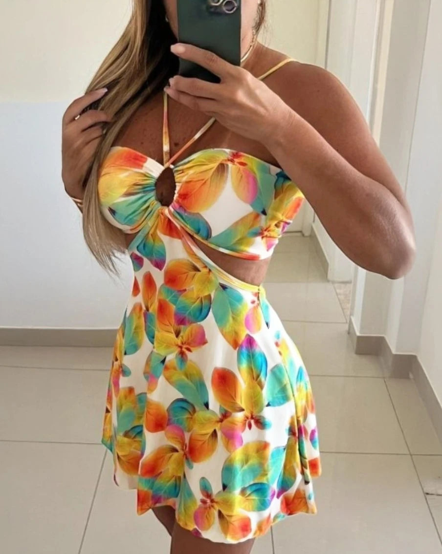 Floral Print Halter Neck Cutout Mini Dress Beach Vacation Cover Up