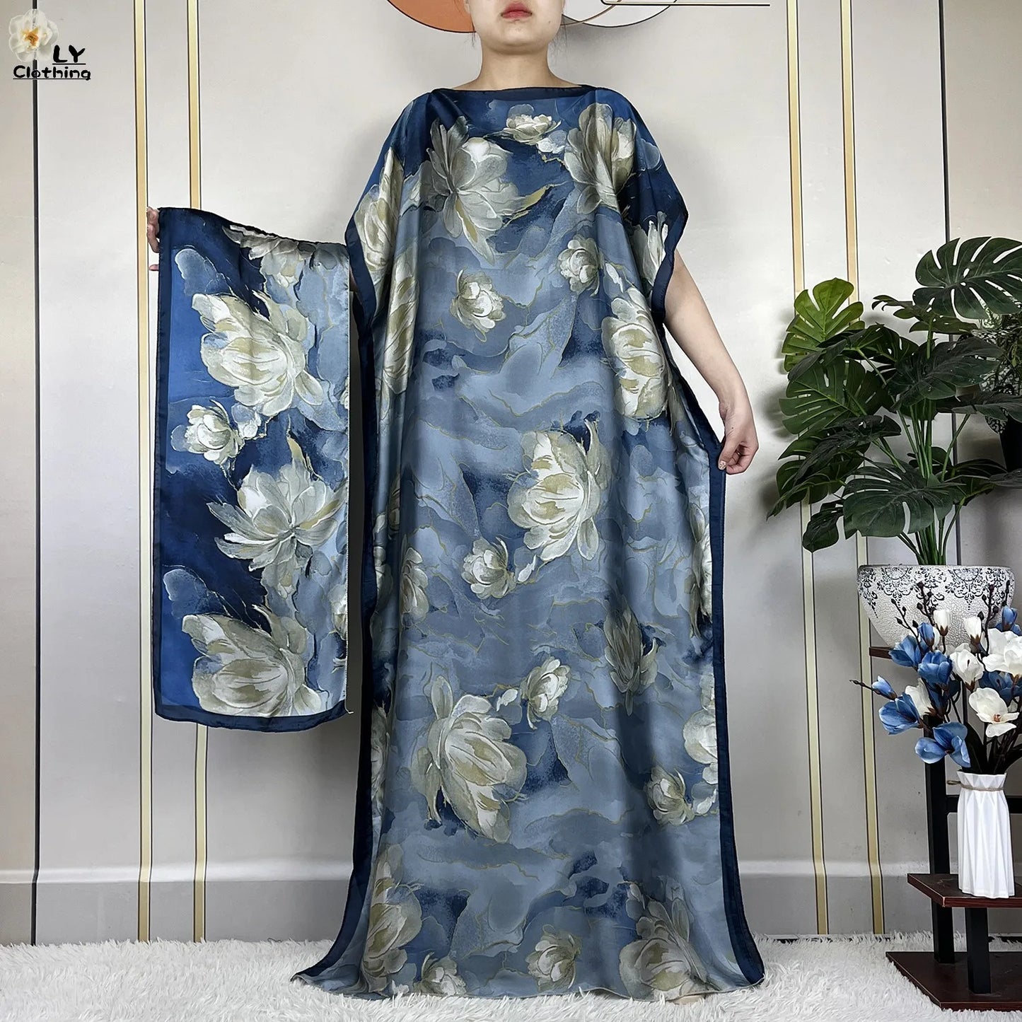 Women Printed Silk Soft Loose Maxi Party Dresses With Belt Turban
