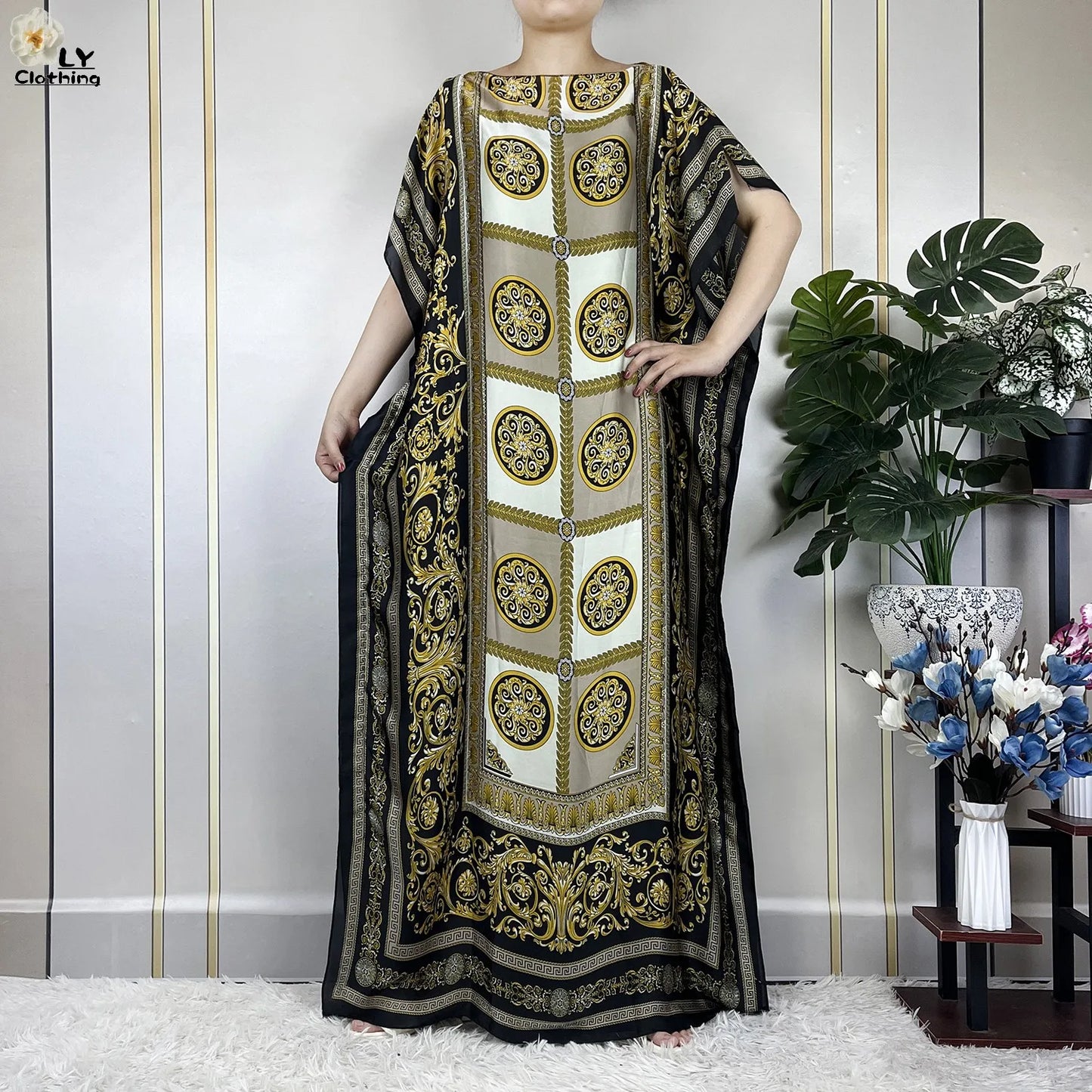 Women Printed Silk Soft Loose Maxi Party Dresses With Belt Turban