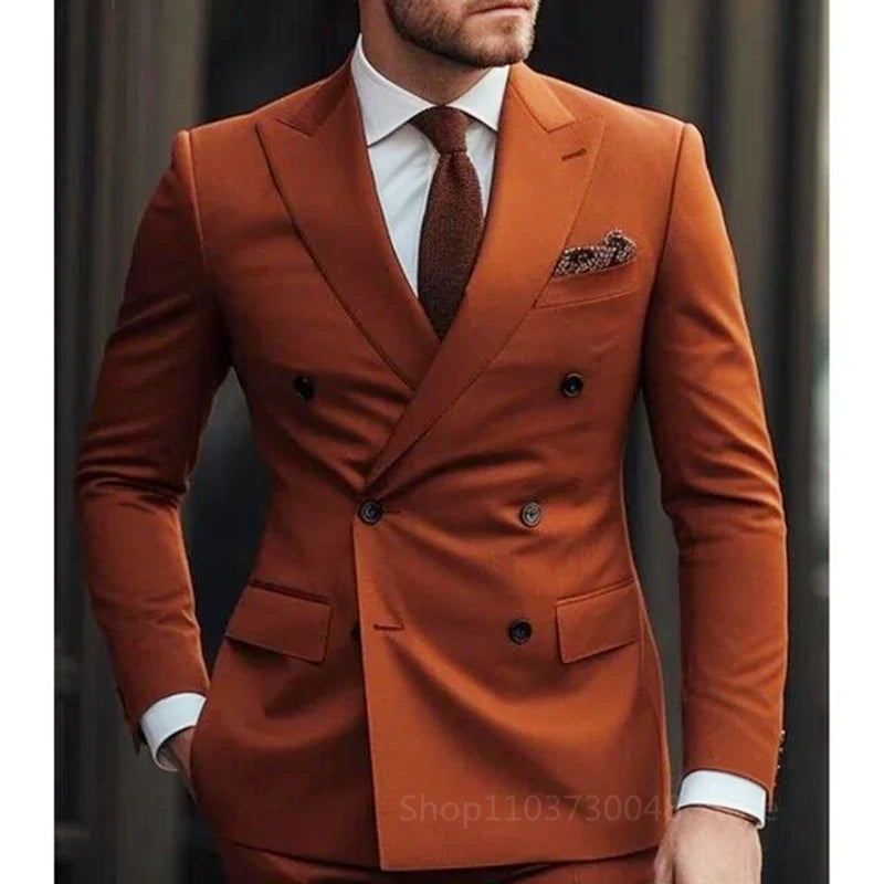 Solid 2 Pieces Men Suits Set Formal Business/Wedding Groom Suits Peak Lapel Double Breasted Blazer Trousers