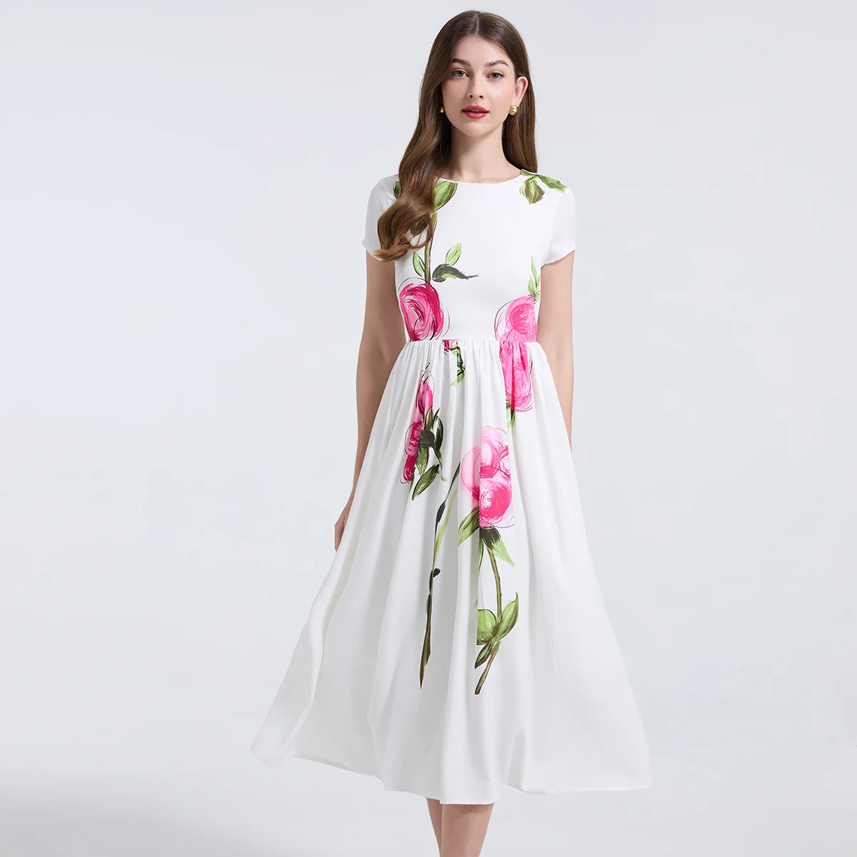 Summer French Women's Retro Pink Flower Waist Cinching Slimming Big Swing Dress Elegant Anti-aging Short Sleeved Skirt