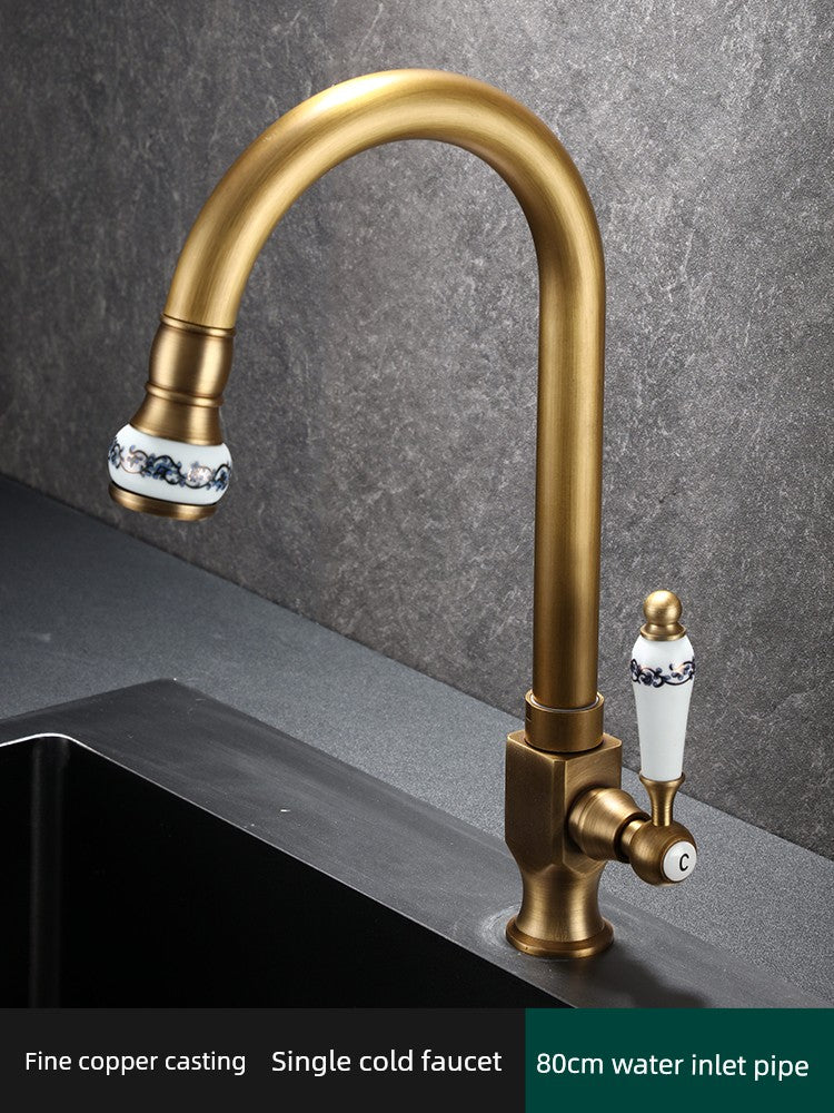 Retro Copper Antique Kitchen Faucet Hot and Cold Wash Basin Sink Pull-out Rotate