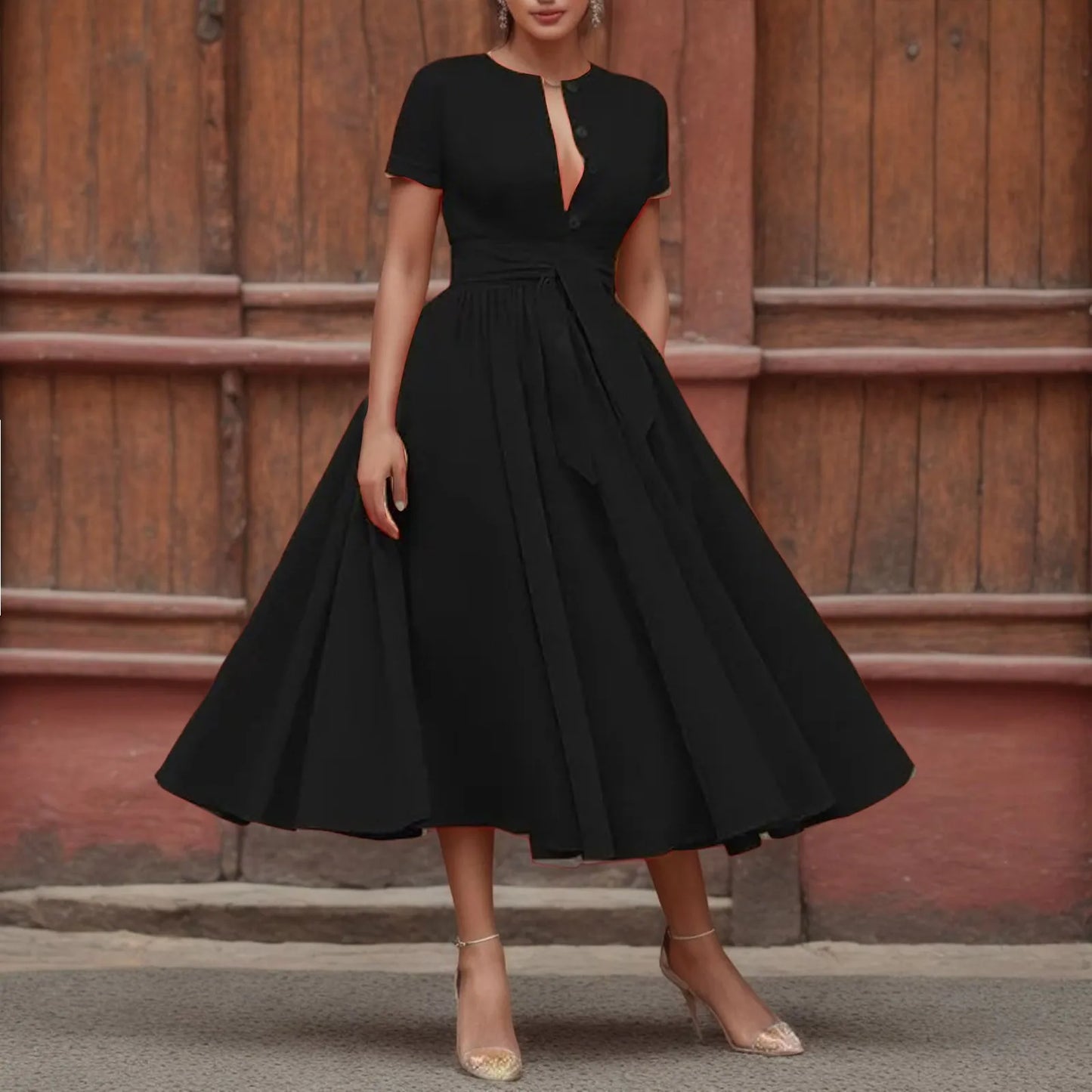 Women Elegant Formal Party Evening Dress Short Sleeve Sashes Mid-Calf Dress