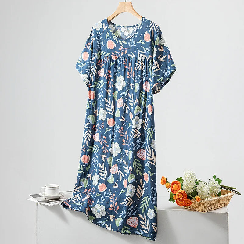Summer Women Nightgown Short Sleeve Round Neck