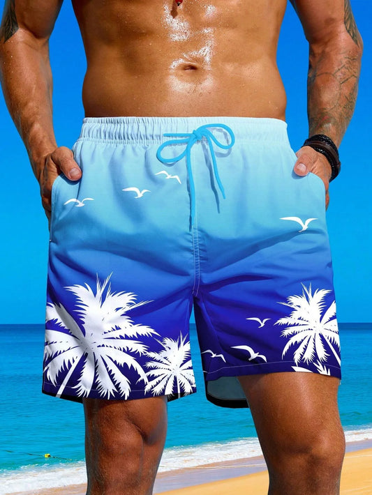 Men's Palm Tree 3D Printed Drawstring Swimming Breathable Shorts
